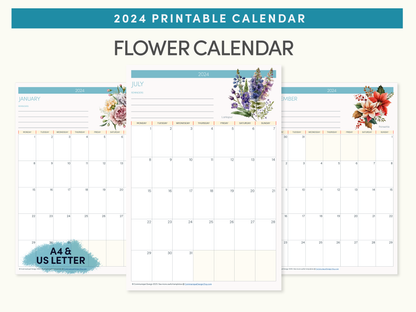 2024 Printable Calendar - FREE Watercolor painted flower theme, A4 or US Letter