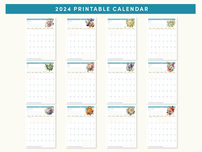 2024 Printable Calendar - FREE Watercolor painted flower theme, A4 or US Letter