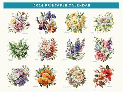 2024 Printable Calendar - FREE Watercolor painted flower theme, A4 or US Letter