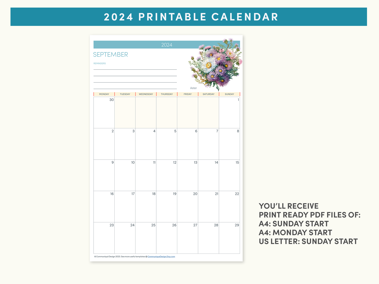 2024 Printable Calendar - FREE Watercolor painted flower theme, A4 or US Letter