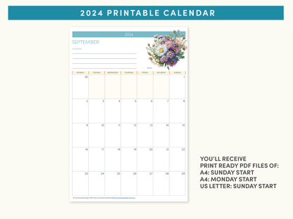 2024 Printable Calendar - FREE Watercolor painted flower theme, A4 or US Letter