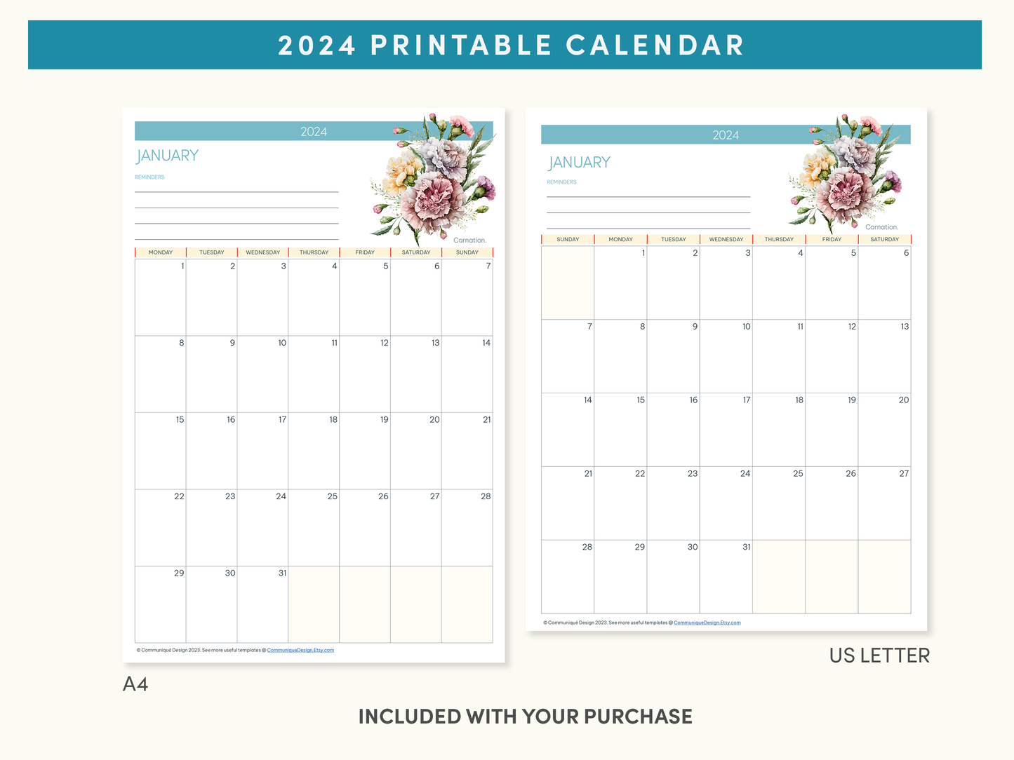 2024 Printable Calendar - FREE Watercolor painted flower theme, A4 or US Letter