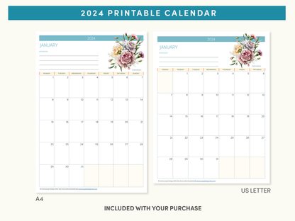 2024 Printable Calendar - FREE Watercolor painted flower theme, A4 or US Letter